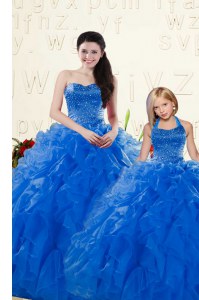 Sleeveless Organza Floor Length Lace Up Quinceanera Dress in Royal Blue with Beading and Ruffles