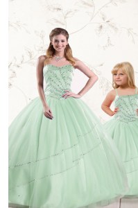 Free and Easy Apple Green Tulle Lace Up Sweetheart Sleeveless Floor Length Quinceanera Gowns Beading