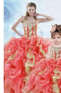 Floor Length Lace Up 15 Quinceanera Dress Multi-color for Military Ball and Sweet 16 and Quinceanera with Beading and Ruffles and Sequins