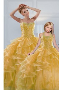 Gold Ball Gowns Organza Sweetheart Sleeveless Beading and Ruffled Layers Floor Length Lace Up Sweet 16 Quinceanera Dress