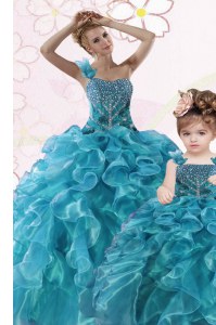 One Shoulder Sleeveless Organza Floor Length Lace Up Quince Ball Gowns in Teal with Beading and Ruffles