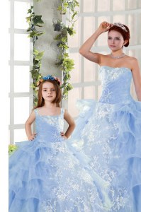Suitable Strapless Sleeveless Vestidos de Quinceanera Floor Length Embroidery and Ruffled Layers Blue Organza