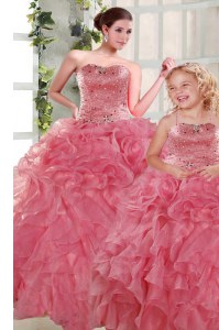 Amazing Rose Pink Quince Ball Gowns Military Ball and Sweet 16 and Quinceanera and For with Beading and Ruffles Strapless Sleeveless Lace Up