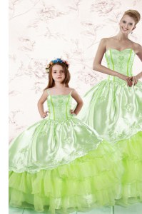 Affordable Yellow Green Lace Up Quinceanera Gowns Embroidery and Ruffled Layers Sleeveless Floor Length