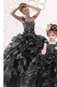 Flirting Ball Gowns Quinceanera Dress Black One Shoulder Organza Sleeveless Floor Length Lace Up