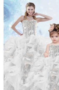 On Sale Organza Sweetheart Sleeveless Lace Up Beading and Ruffles and Sequins Quince Ball Gowns in Silver