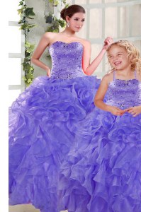 Lavender Sleeveless Organza Lace Up Quinceanera Dress for Military Ball and Sweet 16 and Quinceanera