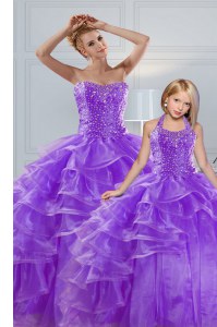 Decent Sweetheart Sleeveless Quinceanera Dress Floor Length Beading and Ruffled Layers Lavender Organza