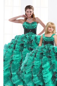 Hot Selling Floor Length Turquoise Sweet 16 Quinceanera Dress Organza Sleeveless Beading and Appliques and Ruffles