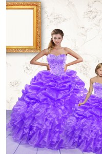 Simple Floor Length Lavender Quince Ball Gowns Organza Sleeveless Beading and Ruffles and Pick Ups