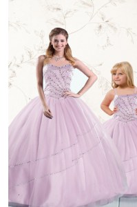 Superior Sleeveless Tulle Floor Length Lace Up Quinceanera Gowns in Lilac with Beading