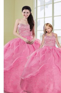 Customized Rose Pink Organza Lace Up Ball Gown Prom Dress Sleeveless Floor Length Beading and Sequins