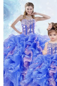 Shining Floor Length Multi-color Sweet 16 Dress Organza Sleeveless Beading and Ruffles and Sequins