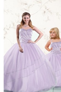 Lavender Tulle Lace Up 15th Birthday Dress Sleeveless Floor Length Beading