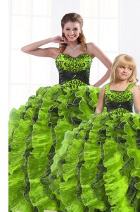 Romantic Olive Green Lace Up Sweet 16 Quinceanera Dress Beading and Appliques and Ruffles Sleeveless Floor Length