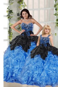 Black and Blue Sleeveless Organza Lace Up Quinceanera Dresses for Military Ball and Sweet 16 and Quinceanera