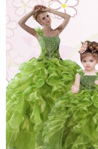 Green Ball Gowns One Shoulder Sleeveless Organza Floor Length Lace Up Beading and Ruffles Quince Ball Gowns