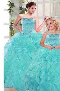 Turquoise Sweet 16 Quinceanera Dress Military Ball and Sweet 16 and Quinceanera and For with Beading and Ruffles Sweetheart Sleeveless Lace Up
