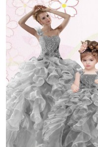 One Shoulder Floor Length Grey Quince Ball Gowns Organza Sleeveless Beading and Ruffles