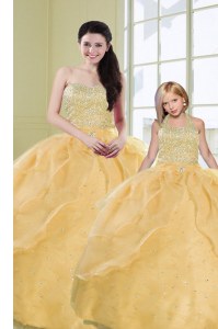 Custom Fit Gold Quince Ball Gowns Military Ball and Sweet 16 and Quinceanera and For with Beading and Sequins Sweetheart Sleeveless Lace Up