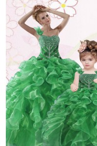 Best Green One Shoulder Lace Up Beading and Ruffles Ball Gown Prom Dress Sleeveless