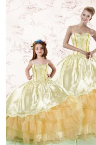 Admirable Floor Length Gold Sweet 16 Dress Organza Sleeveless Embroidery and Ruffled Layers