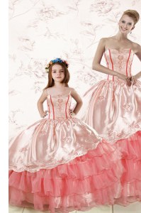 Ruffled Ball Gowns Quinceanera Dress Watermelon Red Sweetheart Organza Sleeveless Floor Length Lace Up