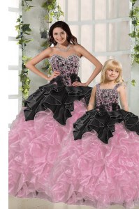 Pretty Ball Gowns Vestidos de Quinceanera Pink And Black Sweetheart Organza Sleeveless Floor Length Lace Up