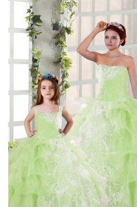 Elegant Yellow Green Strapless Neckline Beading and Ruffled Layers and Ruching Sweet 16 Quinceanera Dress Sleeveless Lace Up