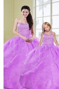 Sequins Lilac Sleeveless Organza Lace Up Quinceanera Gowns for Military Ball and Sweet 16 and Quinceanera