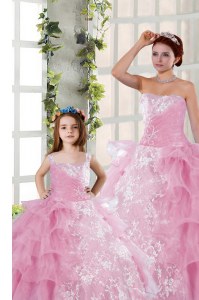 Fantastic Organza Strapless Sleeveless Lace Up Beading and Ruffled Layers and Ruching Quince Ball Gowns in Rose Pink