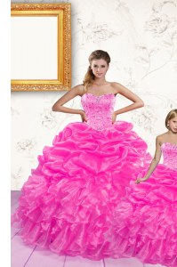 Nice Sweetheart Sleeveless Quinceanera Dress Floor Length Beading and Ruffles and Pick Ups Hot Pink Organza