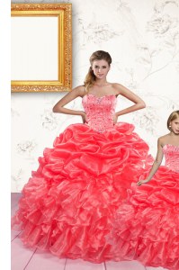 Sophisticated Floor Length Lace Up Quinceanera Gown Coral Red for Military Ball and Sweet 16 and Quinceanera with Beading and Ruffles and Pick Ups