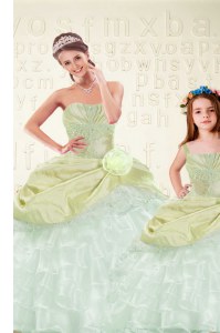 Deluxe Sleeveless Organza and Taffeta Floor Length Lace Up 15 Quinceanera Dress in Yellow Green with Beading and Ruffled Layers and Hand Made Flower