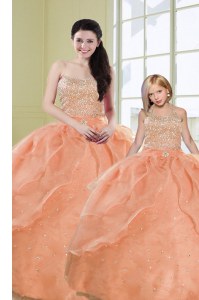 Fabulous Organza Sweetheart Sleeveless Lace Up Beading and Sequins Quinceanera Gown in Orange