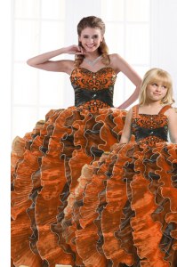 Classical Sleeveless Floor Length Beading and Appliques and Ruffles Lace Up Sweet 16 Dress with Orange