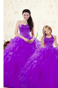 Fantastic Floor Length Lace Up Quince Ball Gowns Eggplant Purple for Military Ball and Sweet 16 and Quinceanera with Beading and Ruffles
