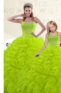 Beautiful Yellow Green Organza Lace Up Sweetheart Sleeveless Floor Length Sweet 16 Quinceanera Dress Beading and Ruffles