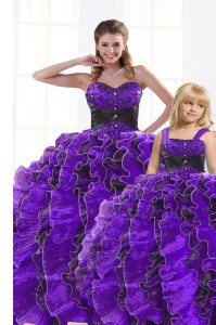 Sweetheart Sleeveless Vestidos de Quinceanera Floor Length Beading and Appliques and Ruffles Black And Purple Organza
