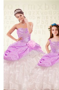 Lilac Lace Up Quinceanera Dresses Beading and Ruffled Layers and Hand Made Flower Sleeveless Floor Length