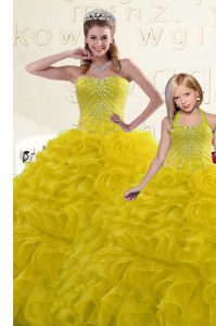 Classical Gold Lace Up Sweet 16 Quinceanera Dress Beading and Ruffles Sleeveless Floor Length