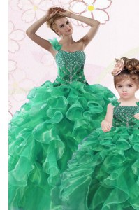 One Shoulder Sleeveless Lace Up Quinceanera Dress Green Organza