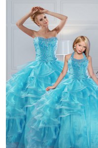 Aqua Blue Sweetheart Lace Up Beading and Ruffled Layers Ball Gown Prom Dress Sleeveless