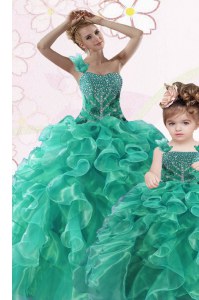 Ball Gowns Ball Gown Prom Dress Turquoise One Shoulder Organza Sleeveless Floor Length Lace Up