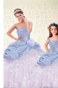Beading and Ruffled Layers and Hand Made Flower Vestidos de Quinceanera Light Blue Lace Up Sleeveless Floor Length