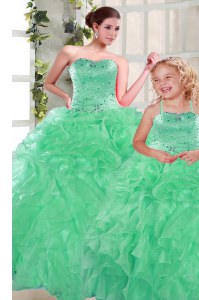 Apple Green Lace Up Sweet 16 Dress Beading and Ruffles Sleeveless Floor Length
