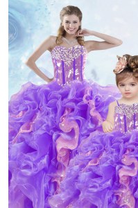 Multi-color Organza Lace Up Sweetheart Sleeveless Floor Length 15th Birthday Dress Beading and Ruffles and Sequins