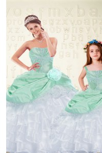 Apple Green Sleeveless Beading and Ruffles and Hand Made Flower Floor Length Sweet 16 Dresses