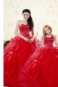 Latest Floor Length Coral Red Quince Ball Gowns Organza Sleeveless Beading and Ruffles
