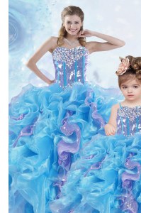 Noble Multi-color Sweetheart Lace Up Beading and Ruffles and Sequins Vestidos de Quinceanera Sleeveless